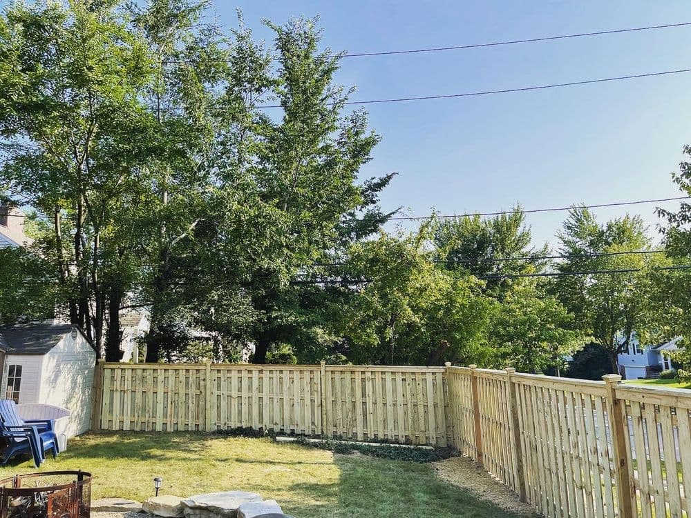 Lush backyard with wooden fence, green trees, and clear blue sky. Ideal outdoor space.