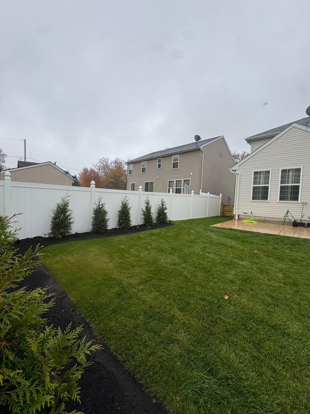 Residential backyard with green lawn, white fence, and evergreen shrubs under a cloudy sky.